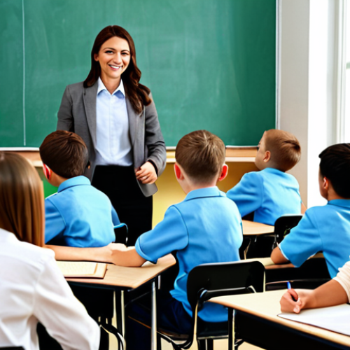 Home 26 ** A bright and engaging classroom setting with students actively participating in a group project, fully clothed, appropriate attire, safe for work, family-friendly.
**