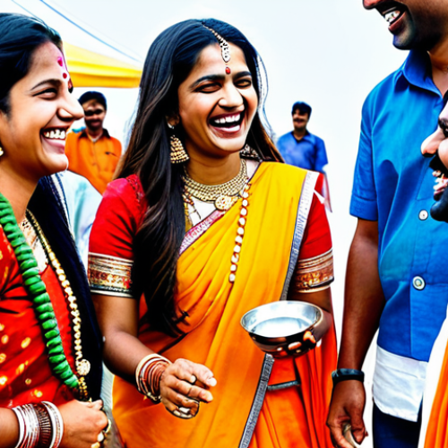 Home 25 **
"A group of friends laughing and talking together at a vibrant Hindi festival, fully clothed in traditional Indian attire, safe for work, appropriate content, perfect anatomy, natural proportions, professional photography, family-friendly, dynamic composition, colorful."
**
