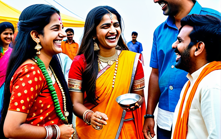 **
"A group of friends laughing and talking together at a vibrant Hindi festival, fully clothed in traditional Indian attire, safe for work, appropriate content, perfect anatomy, natural proportions, professional photography, family-friendly, dynamic composition, colorful."
**