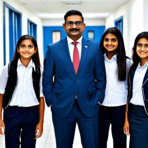 Home 12 **Prompt:** A confident school principal, fully clothed in professional attire, standing in a modern school hallway filled with diverse students, appropriate content, safe for work, perfect anatomy, correct proportions, natural pose, professional photography, high quality, family-friendly. Focusing on "दूरदर्शिता और रणनीतिक सोच" (foresight and strategic thinking).