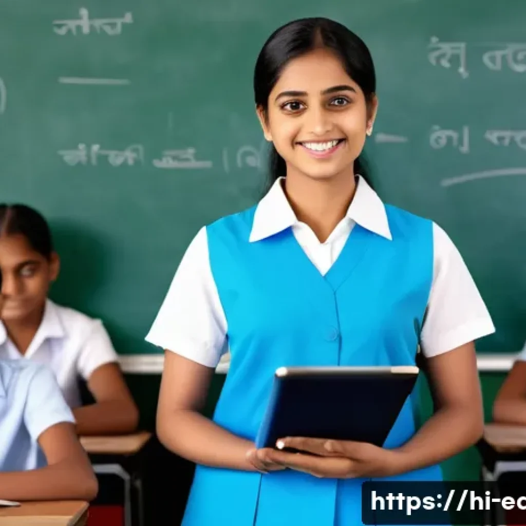 학습 분석과 성취도 평가 - A modern Indian classroom scene with a Hindi-speaking female teacher using a digital tablet to colle...