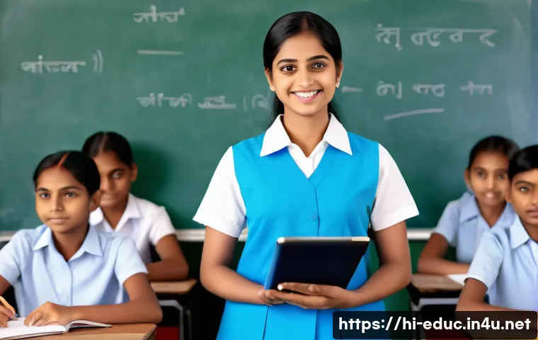 학습 분석과 성취도 평가 - A modern Indian classroom scene with a Hindi-speaking female teacher using a digital tablet to colle...