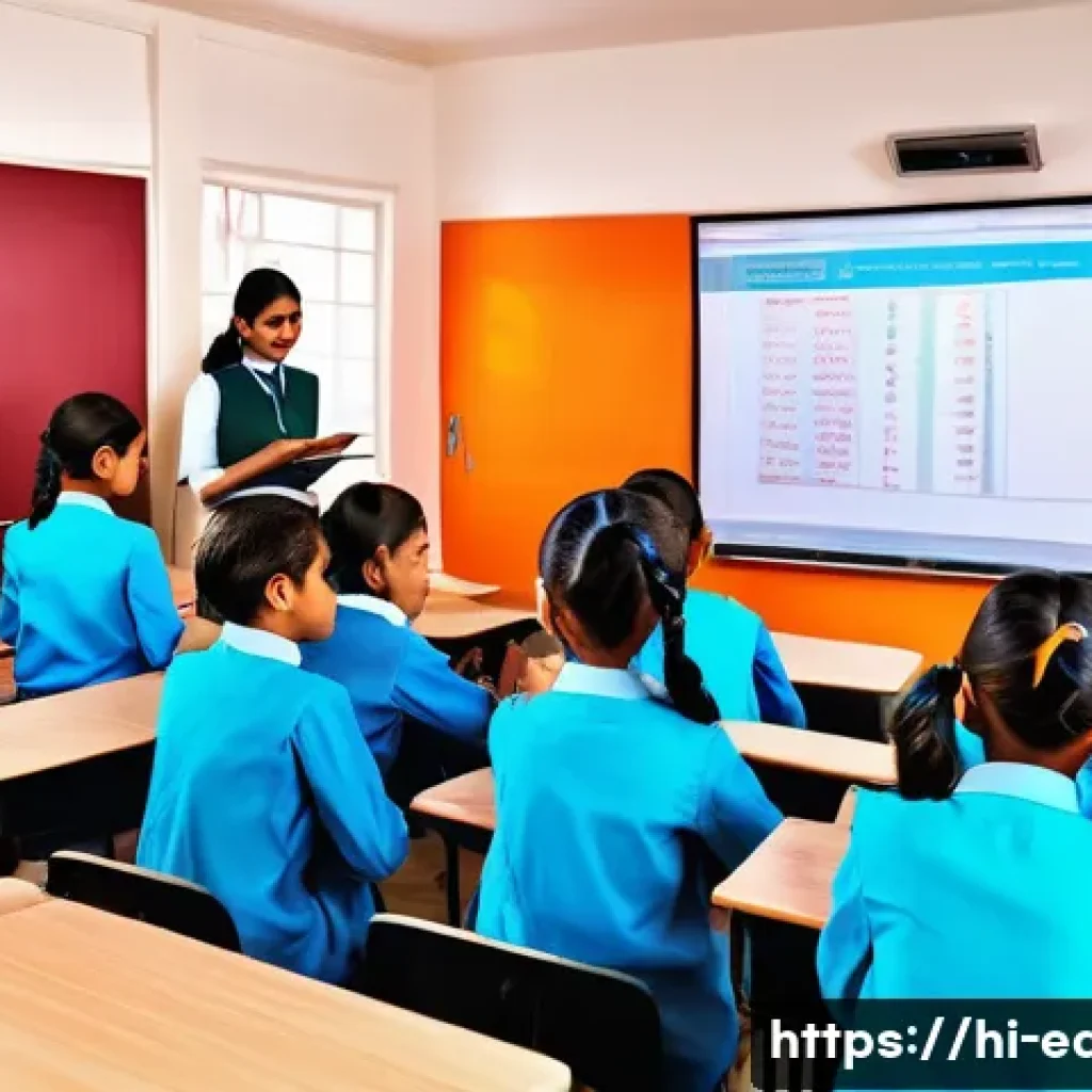 교육 혁신 사례 연구 - A vibrant smart classroom scene featuring a diverse group of Indian students and a teacher using a l...