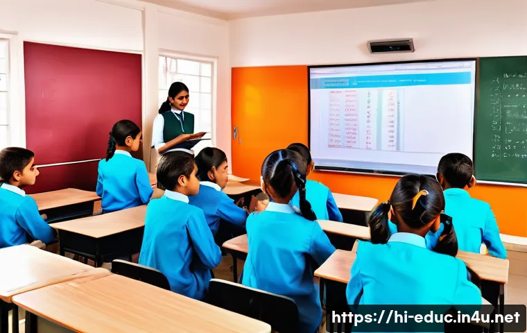 교육 혁신 사례 연구 - A vibrant smart classroom scene featuring a diverse group of Indian students and a teacher using a l...