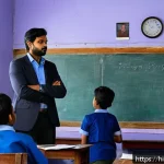 Home 21 교사와 학생의 관계 구축 - A warm and inviting classroom scene showing a Hindi-speaking male teacher and a group of diverse Hin...