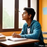 Home 20 정서 지능과 학습 성과 - A thoughtful Indian teenage student sitting at a study desk in a cozy room filled with books and mot...