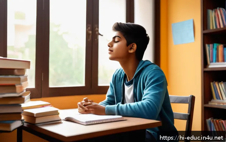 정서 지능과 학습 성과 - A thoughtful Indian teenage student sitting at a study desk in a cozy room filled with books and mot...