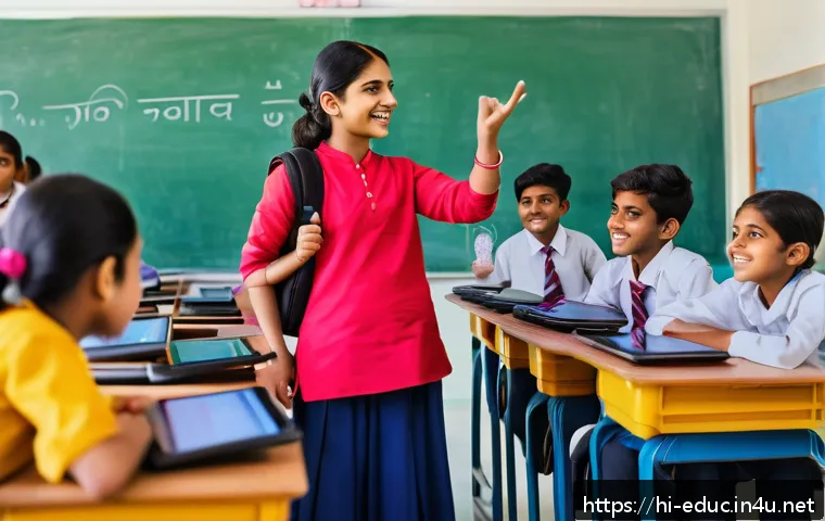 교육공학 개론 - A vibrant classroom scene showing a diverse group of Indian students engaged in interactive learning...