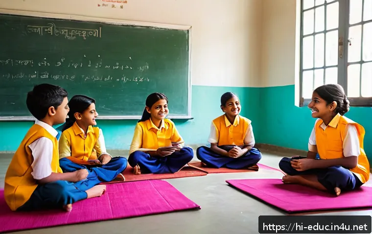 유아교육 이론 - A vibrant classroom scene showing a diverse group of Indian children aged around 8-10, sitting in a ...