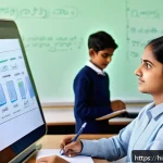 Home 23 미래형 교사 역량 - A modern Indian classroom scene featuring a confident Hindi-speaking female teacher using a smart bo...