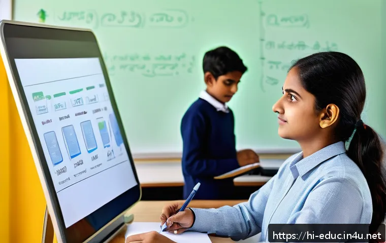 미래형 교사 역량 - A modern Indian classroom scene featuring a confident Hindi-speaking female teacher using a smart bo...