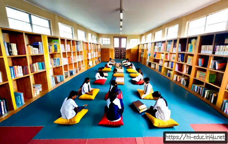 Home 17 학교 공간 디자인 - Photorealistic modern Indian school library space design, bright open reading area with low wooden b...